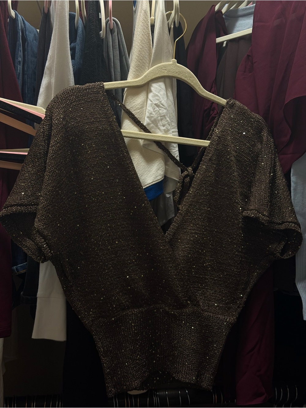 Brown Sparkle Short-Sleeve Wrap Dress